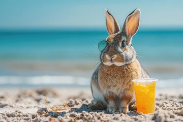 Wall Mural - Cute funny rabbit sitting on sandy beach wearing sunglasses and enjoying orange juice on hot summer day looking happy and relaxed in the sun. Humorous photo, meme