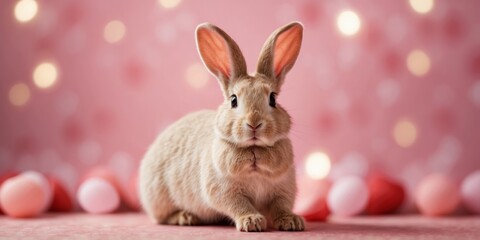 Wall Mural - Cute Valentine Animal Rabit Pet on a Pastel Pink and Red Studio Hearts Background - Celebrating Valentine's Day with Love, Affection, and Adorable Companionship,.