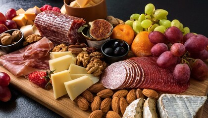 Gourmet fancy charcuterie board with assorted cured meat slices and salami cuts, assortment of yummy food with cheese bites, nuts and fruits, antipasti and tapas snack party background