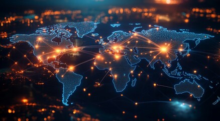 Global Network Connection World Map with Glowing Lines and Points