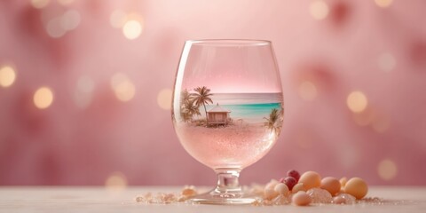 Wall Mural - Summer beach inside a wine glass on a pastel pink background Minimal summer drink concept.