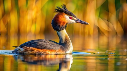 A majestic great crested grebe showcases its vibrant yellow and black beak, adorned with distinctive black crest, against a serene aquatic backdrop.