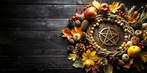 Autumn decoration with natural elements and pentagram pagan symbol in a harmonious mood on a dark wooden table with copy space for text
