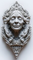 Wall Mural - 24. **A detailed 3D render of a ceramic art portrait featuring a serene matriarch with ornate patterns, isolated on a white background