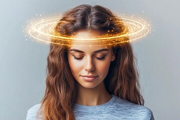 Sticker - Woman with a glowing neural halo symbolizing mental clarity intelligence and the serenity of thoughts in a bright and peaceful digital portrait