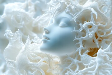 Wall Mural - Ethereal 3D Render of a White Face Engulfed in a Delicate Lattice Structure Representing Mindfulness Inner Thought and Serenity in an Abstract Space