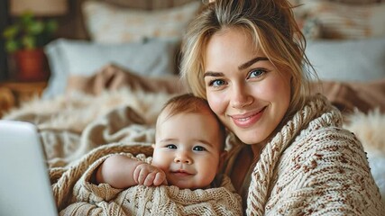 Wall Mural - woman with her infant at home while working,