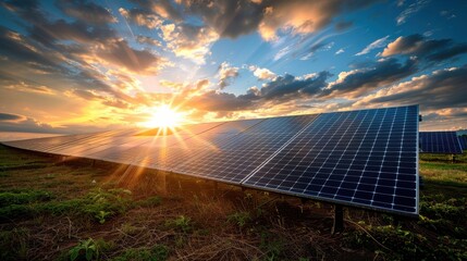 Wall Mural - A panoramic view of a solar renewable energy generating station, its panels gleaming under the sun's rays, symbolizing sustainable power