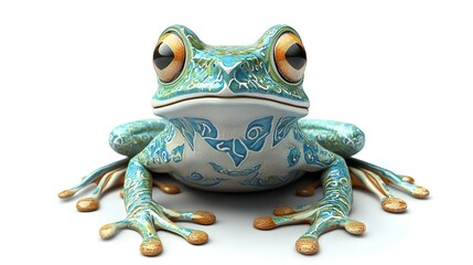 Wall Mural - 137. **A realistic 3D render of a ceramic tile art depicting a charming frog with intricate patterns and textures, isolated on a white background