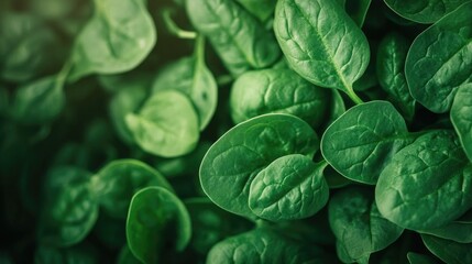 Close-up of fresh green spinach leaves, healthy eating and organic food concept, nature background, space for text