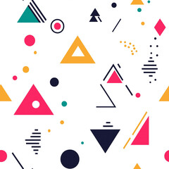 Sticker - Vibrant and playful pattern with colorful geometric shapes like triangles and circles on a white background. The lively design conveys a sense of fun and creativity.