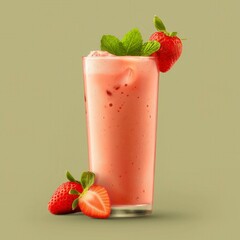 Wall Mural - A refreshing glass of strawberry milkshake with ice and fresh mint leaves.