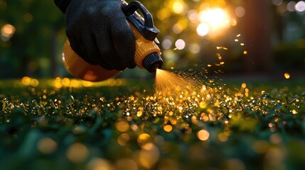 Worker spraying pesticide on a green lawn outdoors for pest control: A close-up view. Concept Pesticide Application, Pest Control, Green Lawn, Close-up Shot, Outdoors