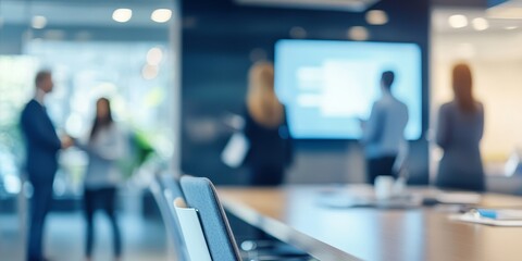 Poster - Modern boardroom with businesspeople blurred in the background, focus on contemporary furniture and a large presentation screen