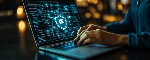 Business concept of compliance, individual engaging with compliance icon on laptop screen, ensuring policy and regulatory adherence