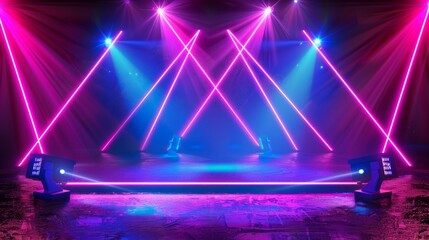 Sticker - Neon Glowing Laser Blue Triangle, Purple Spotlights, Show Star Club with Dance Podium, Grunge Glossy Stage With Rock Underground