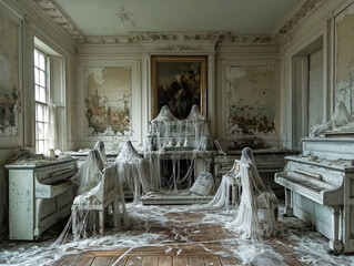 A room with a piano and a fireplace covered in white string. The room is very messy and dirty