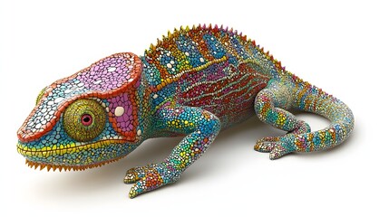 Wall Mural - 94. **A 3D render of a ceramic tile art depicting a vibrant chameleon with intricate tile patterns, isolated on a white background