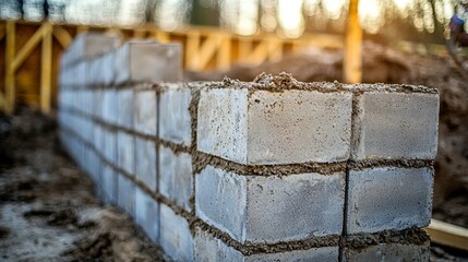 Wall Mural - stack of concrete foundation blocks with price tags attached. partially constructed foundation wall 
