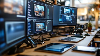 Wall Mural - A professional is intently focused on multiple computer monitors, a laptop, and digital tablets on a well-organized desk in a vibrant commercial office setting