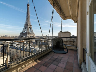 Wall Mural - A balcony overlooking the Eiffel Tower with a swing hanging from the railing. The view is breathtaking and serene, making it the perfect spot to relax and enjoy the city's beauty