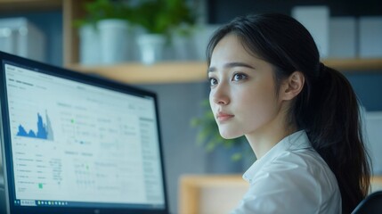 Poster - a young businesswoman seated at a desk in a modern office, deeply engrossed in monitoring a large computer screen displaying an array of colorful graphs and charts, suggesting a financial or analytica