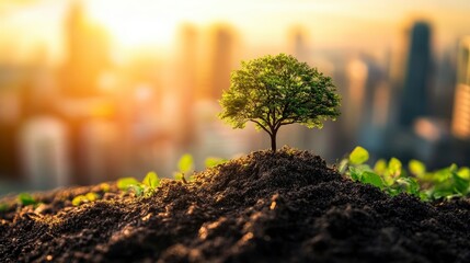 Sticker - A small tree sapling grows in rich soil against a backdrop of a city skyline with the sun setting in the distance.