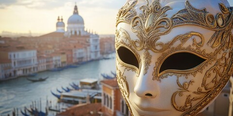 Enigmatic Venetian Masquerade: Anime-Inspired Fashion Model Wearing Carnival Mask Against Blurred Cityscape. Fusion of Contemporary Style and Cultural Heritage for Creative Marketing and Graphic Desig