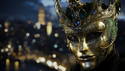 Enigmatic Venetian Masquerade: Anime-Inspired Fashion Model Wearing Carnival Mask Against Blurred Cityscape. Fusion of Contemporary Style and Cultural Heritage for Creative Marketing and Graphic Desig