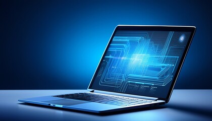 a laptop computer is displayed on a table with a blue background