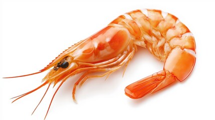 A single, cooked, red shrimp with white stripes, viewed from above, isolated on a white background.