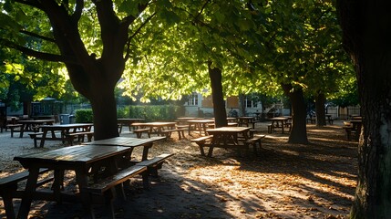 Outdoor beer garden with empty wooden tables under leafy trees in the warm morning sunlight