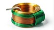 © Achiraya - A small, wire-wound inductor coil with metal core and colorful insulated wires, isolated on a white background, highlighting its detailed texture and structure.