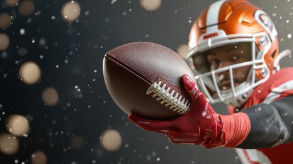 Wall Mural - A focused football player extends football towards viewer, showcasing determination and readiness amidst snowy backdrop. 