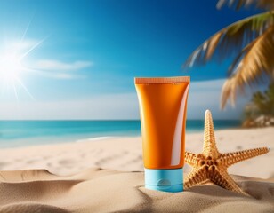 Wall Mural - A tube of sunscreen sits on the sand next to a starfish