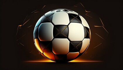 A white and black soccer ball is on a black background