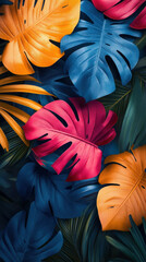 Wall Mural - A colorful image of leaves with a blue background. The leaves are in various colors, including red, yellow, and blue. The image has a vibrant and lively feel to it