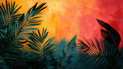 Wall Mural - A painting of a tropical forest with a bright orange background. The leaves are green and the painting has a vibrant and lively feel to it