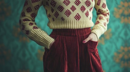 vintage fashion woman wearing a patterned sweater and high-waisted corduroy pants. retro style in a 