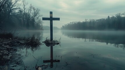 A wooden cross standing on the misty lakeshore with reflective water and bare trees in the background, evoking peace, solitude, and spirituality in the serene natural setting.