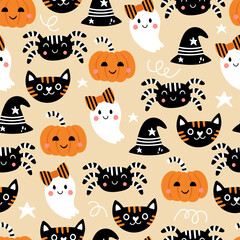 Wall Mural - Seamless pattern background for Halloween holiday with cute elements. Childish print for cards, wrapping paper and textile. Vector illustration