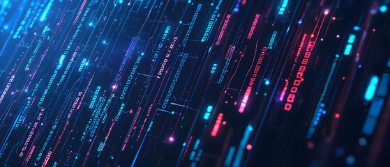 
A flat vector illustration of a coding concept, deep blue theme, technology background, code snippets flowing across, binary codes integrated into the design, subtle glow effects, dark blue tones