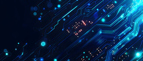 
A flat vector illustration of a coding concept, deep blue theme, technology background, code snippets flowing across, binary codes integrated into the design, subtle glow effects, dark blue tones