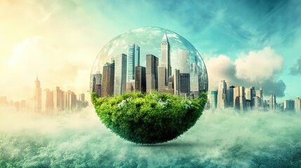 Surreal cityscape in a globe floating above green foliage and mist, symbolizing ecology, sustainability, and futuristic urban development.