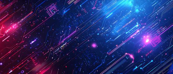 
A flat vector illustration of a coding concept, deep blue theme, technology background, code snippets flowing across, binary codes integrated into the design, subtle glow effects, dark blue tones