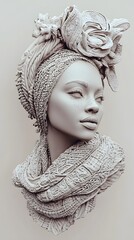 Wall Mural - 1. **A 3D render of a ceramic art portrait featuring a regal woman with intricate details and textures, isolated on a white background