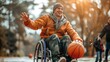© ChanaphaStudio - Young man in a wheelchair playing basketball outdoors, exuding joy and determination on a sunny day.
