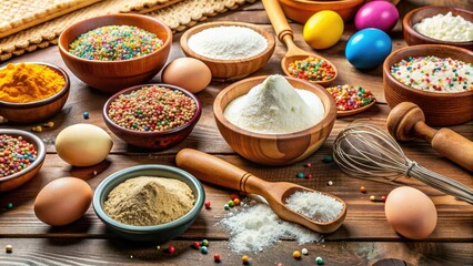 Assorted colorful baking ingredients, including flour, sugar, eggs, and sprinkles, artfully arranged on a rustic wooden table against a soft, creamy background.