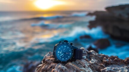 Wall Mural - Digital watch with a serene ocean background.