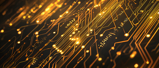 A flat vector illustration of a technology background, coding theme, deep gold color palette, abstract data streams, glowing circuit patterns, lines of code interlaced, futuristic and clean vector 
